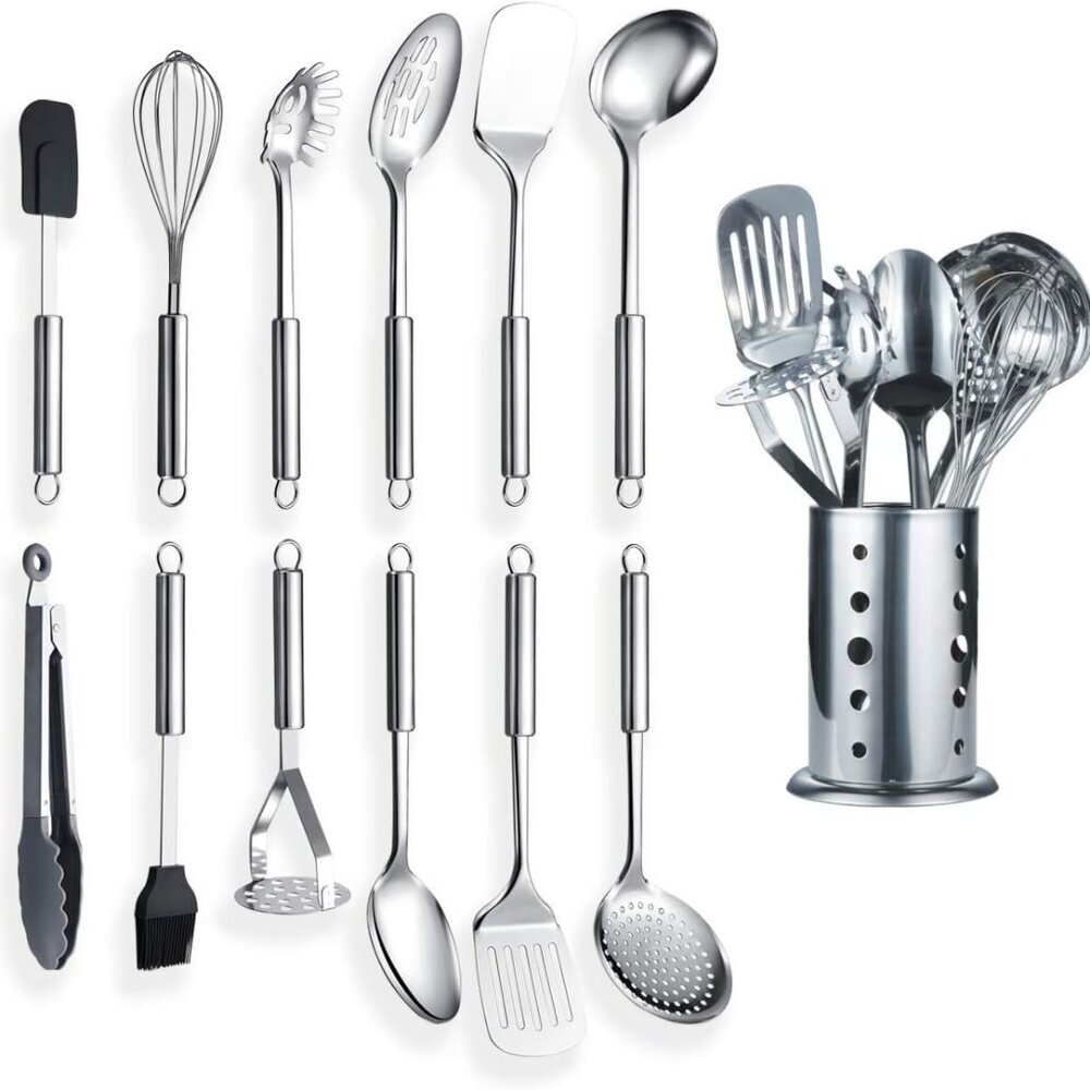 Cooking Utensil Set 13 Piece Stainless Steel Kitchen Tool Set with Holder, Inclu